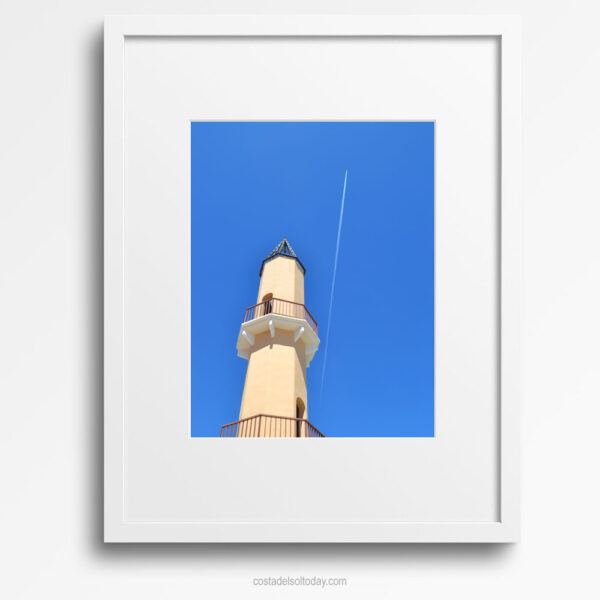 Holiday Dreams - Framed Print, Fuengirola Marina Tower against Clear Blue Sky with Aeroplane and Vapour Trail