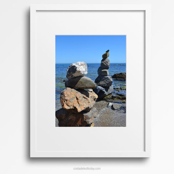 Mystic Beach - Framed Print, Rock Cairns on Calm Mediterranean Beach